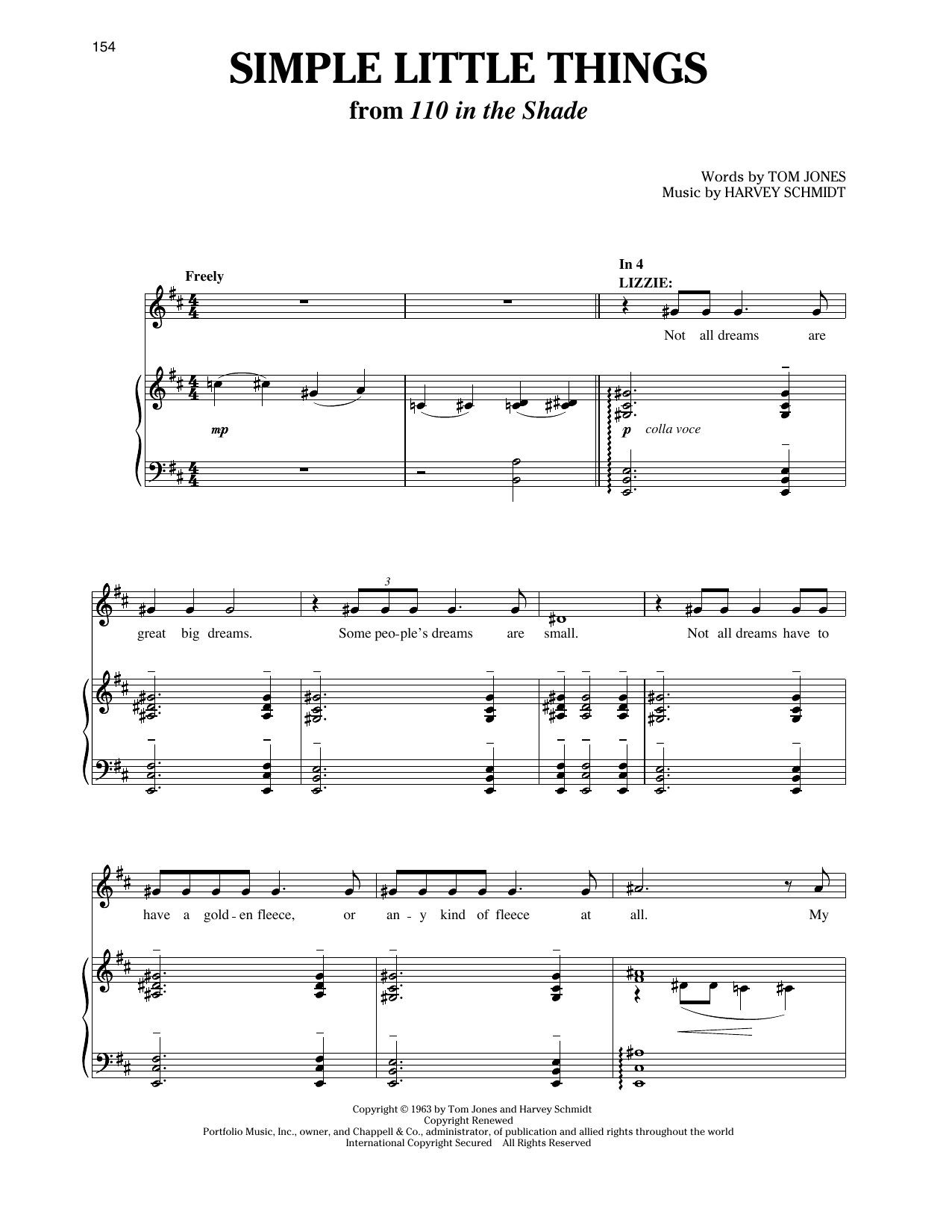 Download Harvey Schmidt and Tom Jones Simple Little Things (from 110 in the Shade) Sheet Music and learn how to play Piano & Vocal PDF digital score in minutes