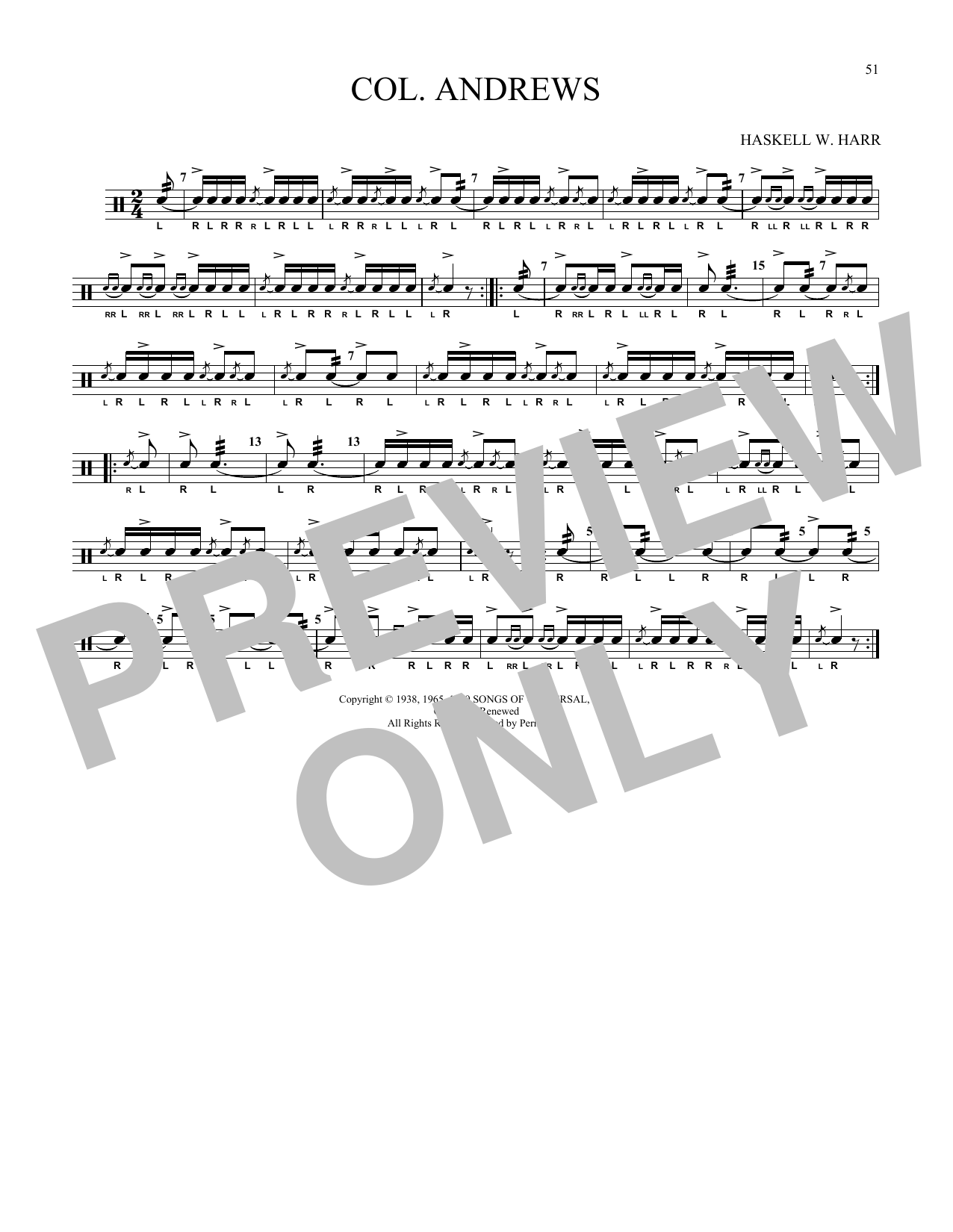 Download Haskell W. Harr Col. Andrews Sheet Music and learn how to play Snare Drum Solo PDF digital score in minutes