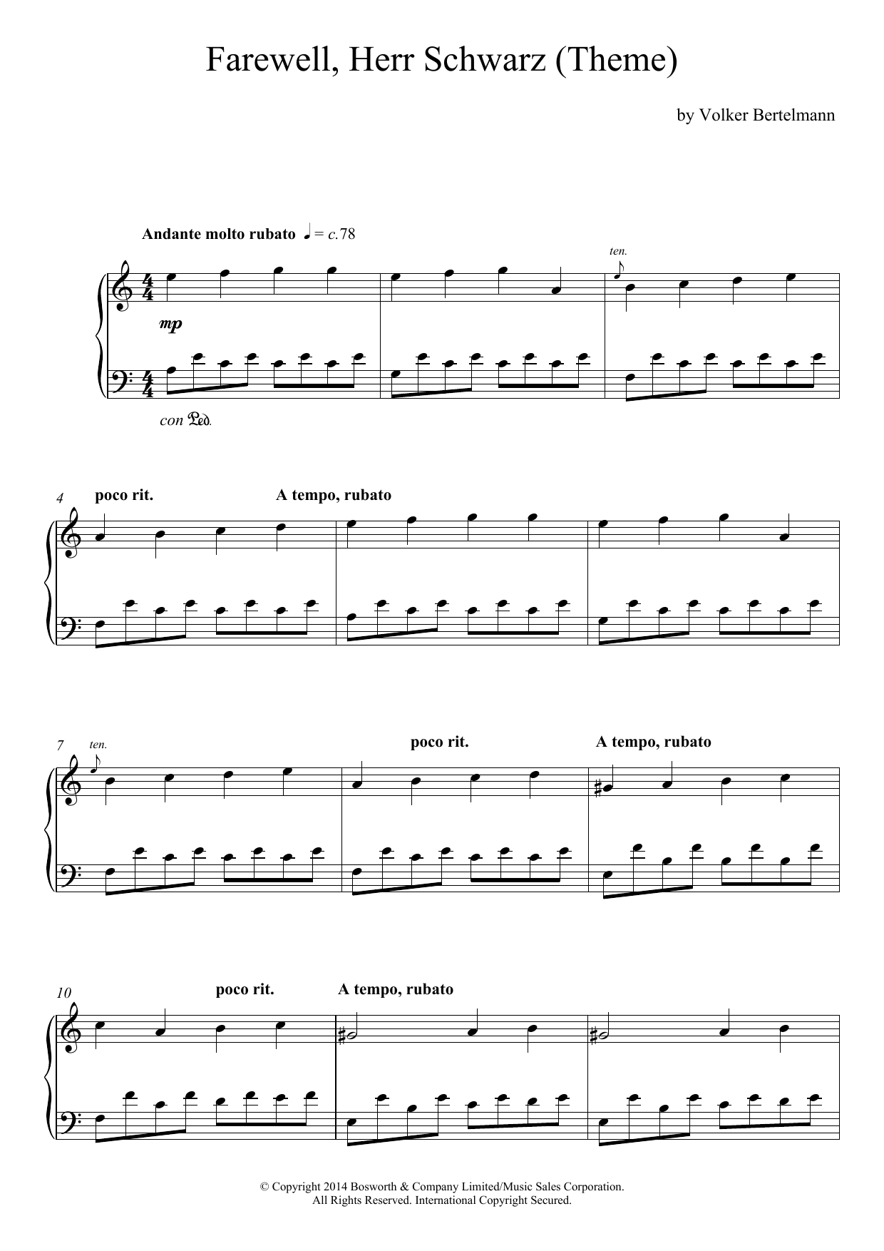 Download Hauschka Farewell, Herr Schwarz (Theme) Sheet Music and learn how to play Piano PDF digital score in minutes
