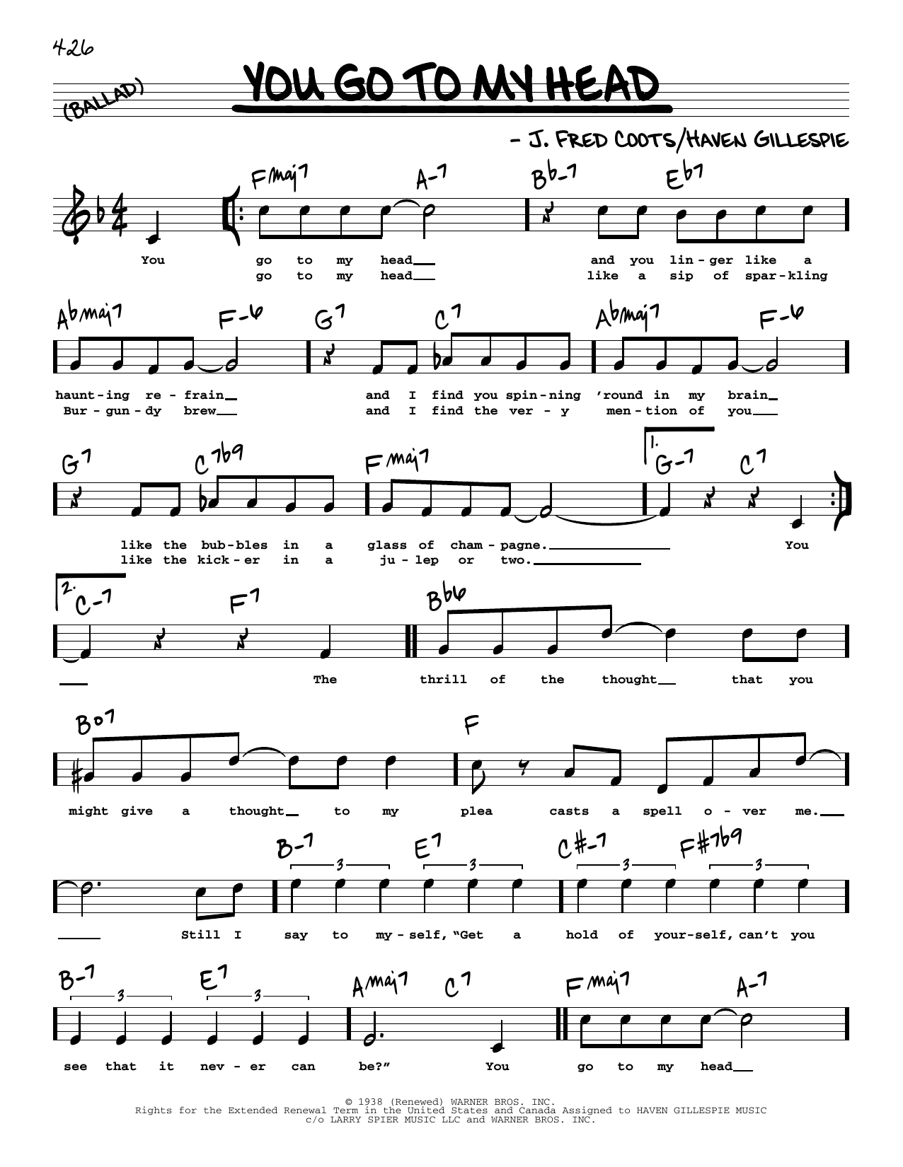 Download Haven Gillespie and J. Fred Coots You Go To My Head (High Voice) Sheet Music and learn how to play Real Book – Melody, Lyrics & Chords PDF digital score in minutes