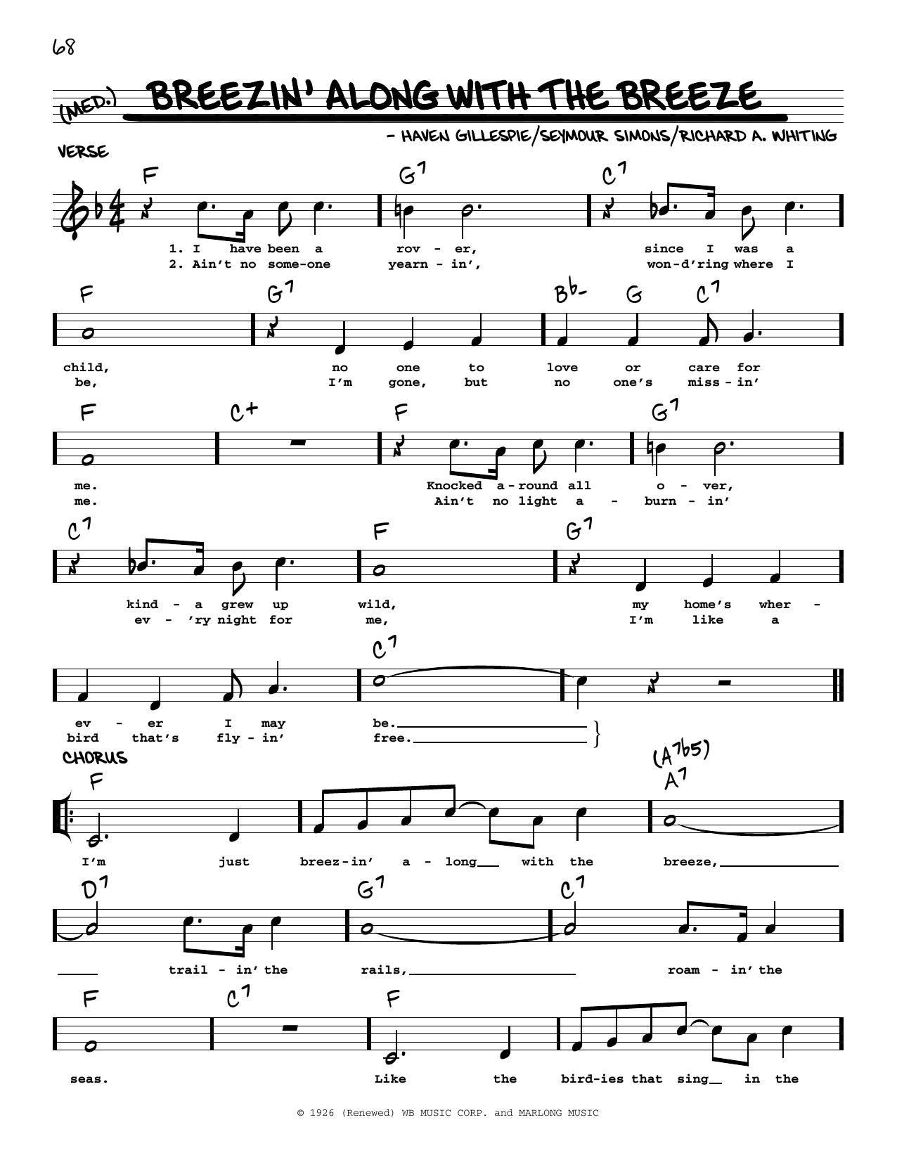 Download Haven Gillespie Breezin' Along With The Breeze (arr. Robert Rawlins) Sheet Music and learn how to play Real Book – Melody, Lyrics & Chords PDF digital score in minutes