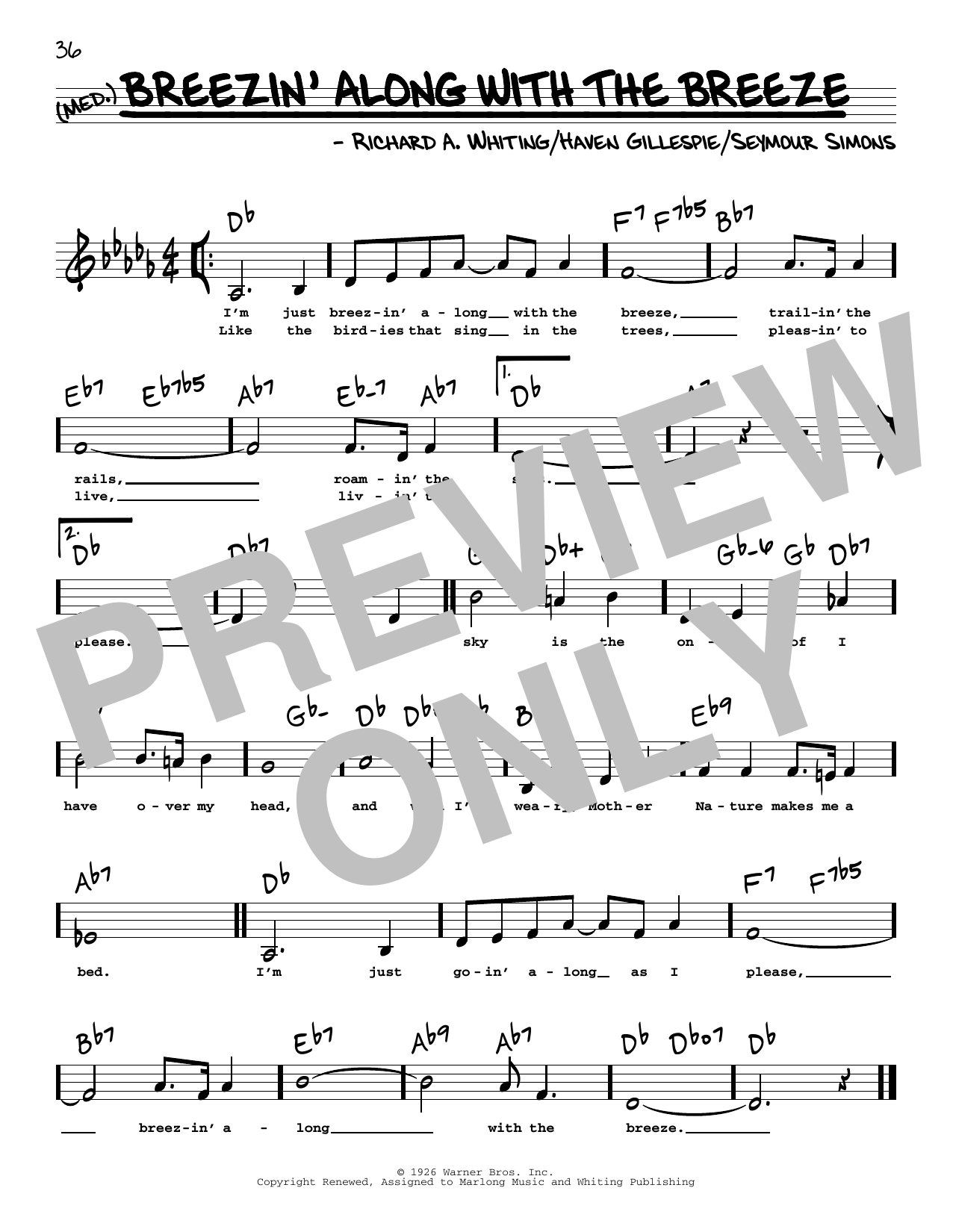 Download Haven Gillespie Breezin' Along With The Breeze (Low Voice) Sheet Music and learn how to play Real Book – Melody, Lyrics & Chords PDF digital score in minutes