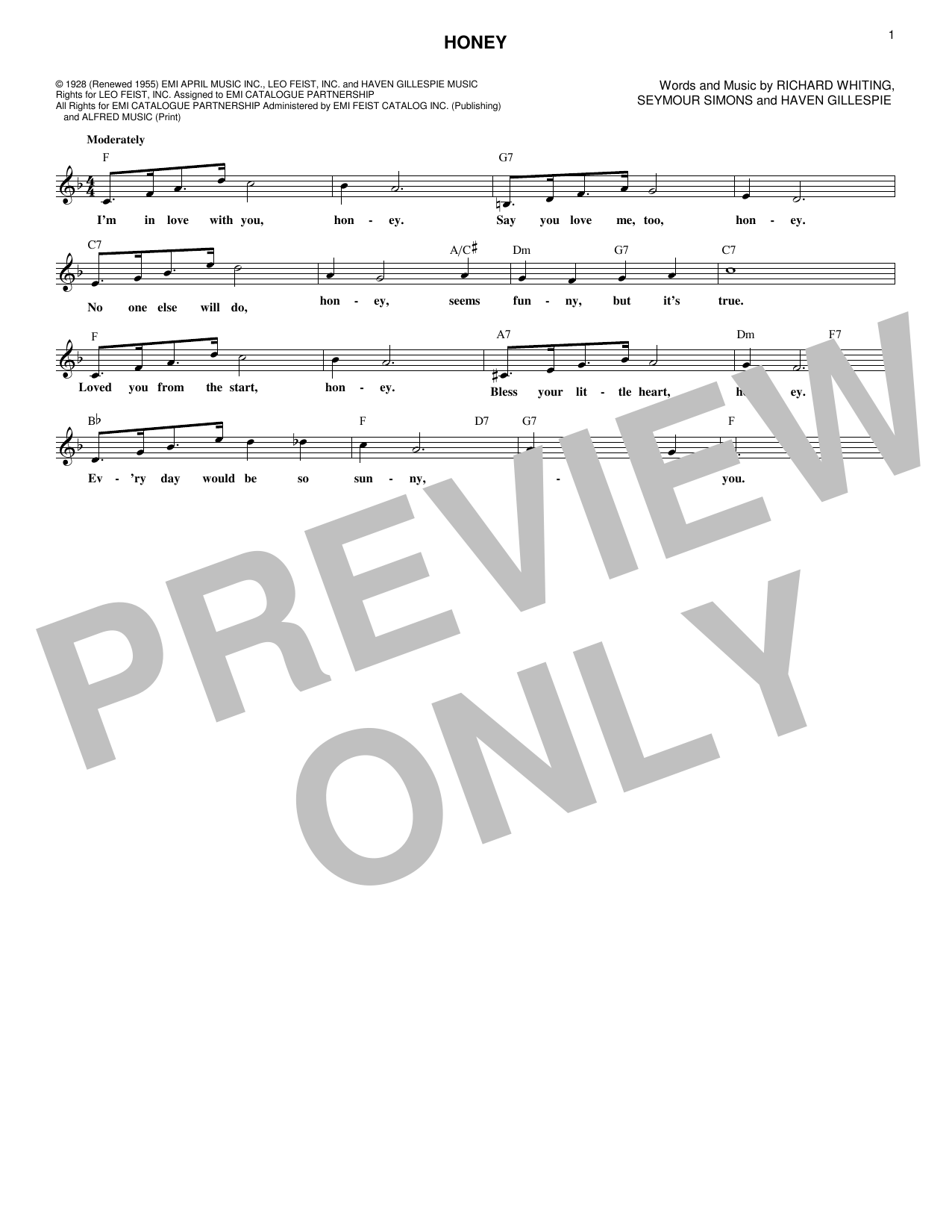 Download Haven Gillespie Honey Sheet Music and learn how to play Melody Line, Lyrics & Chords PDF digital score in minutes