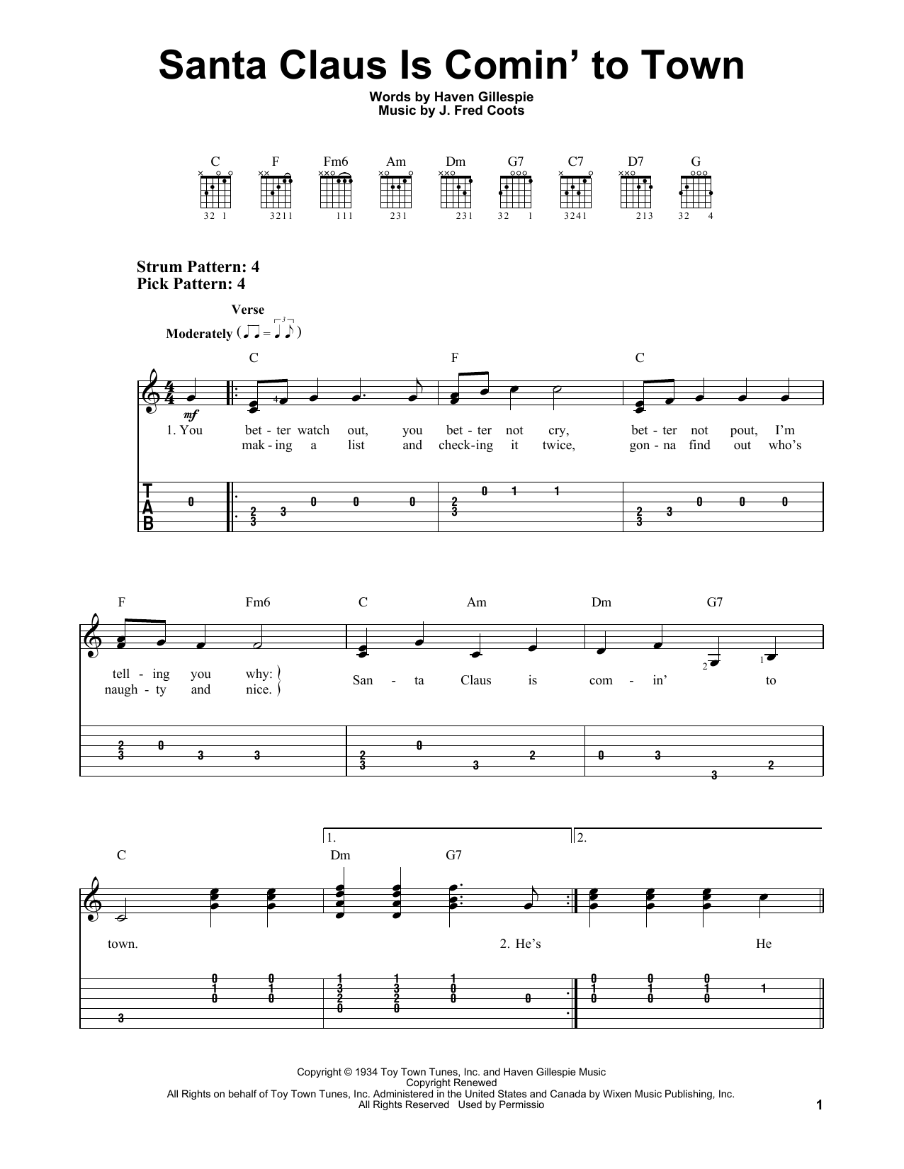 Download Haven Gillespie Santa Claus Is Comin' To Town Sheet Music and learn how to play Easy Guitar Tab PDF digital score in minutes