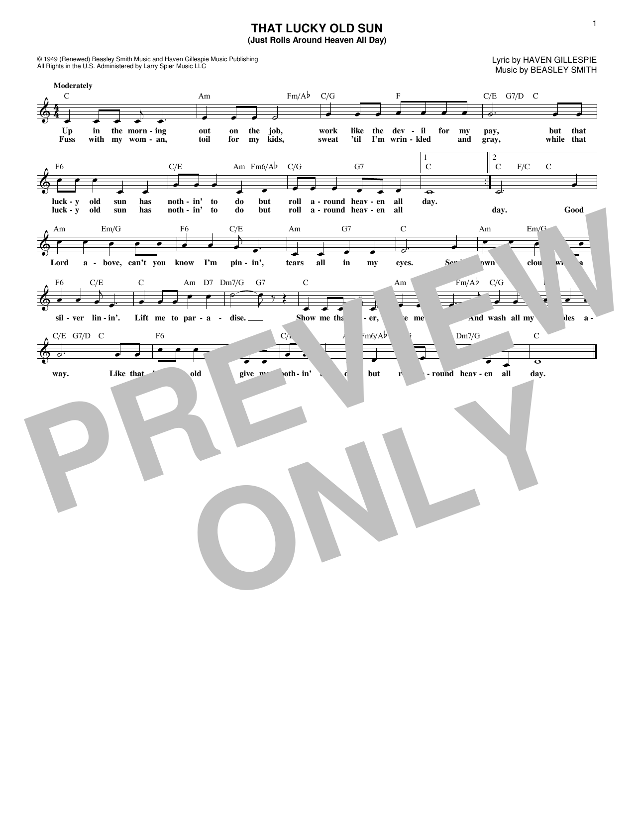 Download Haven Gillespie That Lucky Old Sun Sheet Music and learn how to play Melody Line, Lyrics & Chords PDF digital score in minutes