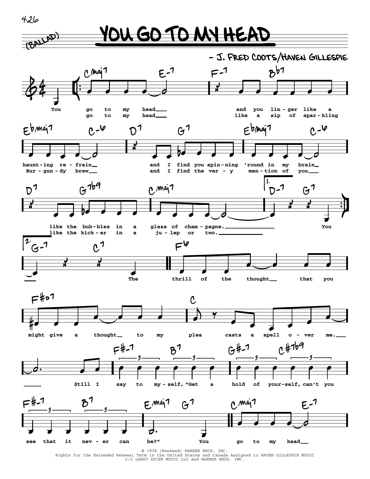 Download Haven Gillespie You Go To My Head (Low Voice) Sheet Music and learn how to play Real Book – Melody, Lyrics & Chords PDF digital score in minutes