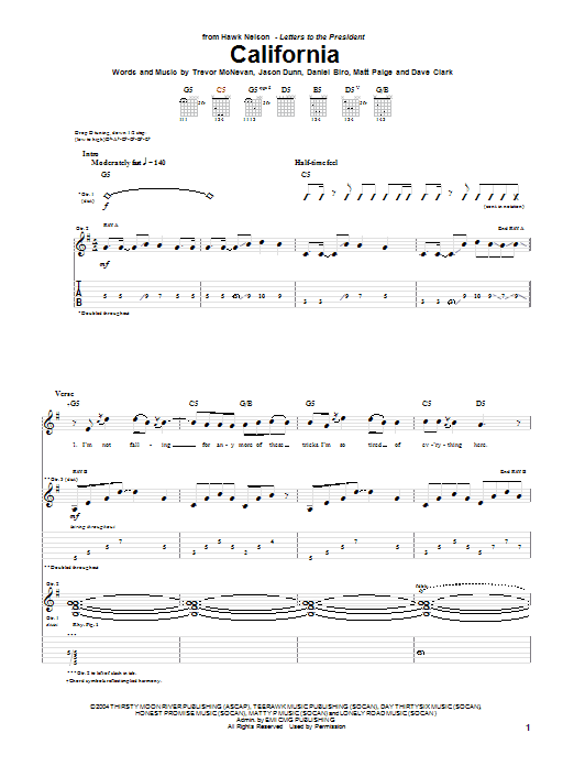 Download Hawk Nelson California Sheet Music and learn how to play Guitar Tab PDF digital score in minutes