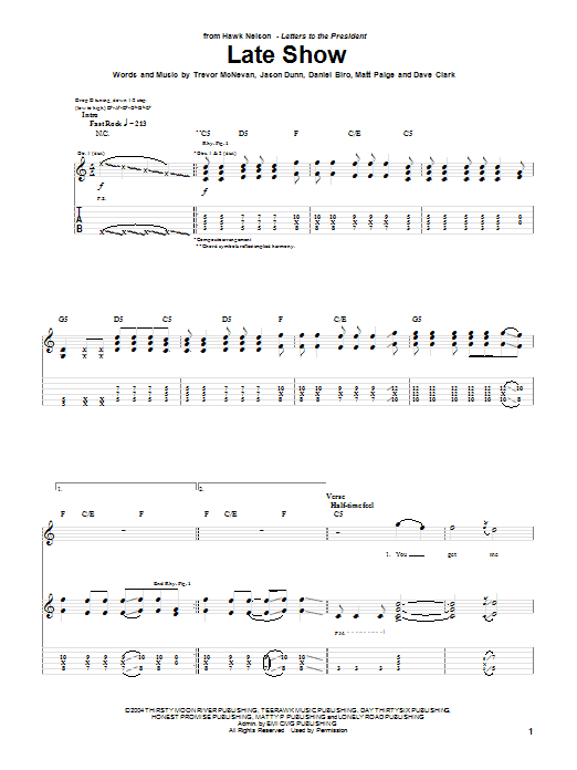 Download Hawk Nelson Late Show Sheet Music and learn how to play Guitar Tab PDF digital score in minutes