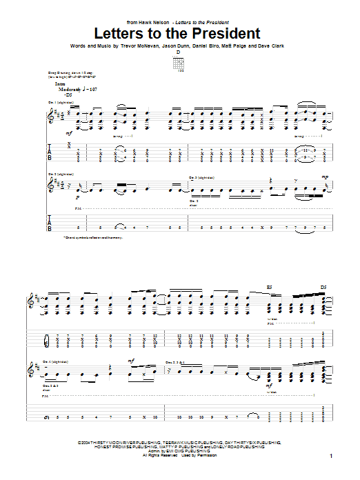 Download Hawk Nelson Letters To The President Sheet Music and learn how to play Guitar Tab PDF digital score in minutes