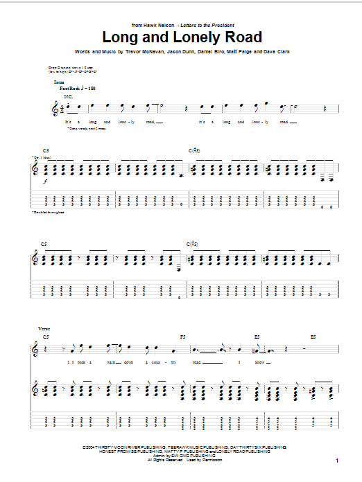 Download Hawk Nelson Long And Lonely Road Sheet Music and learn how to play Guitar Tab PDF digital score in minutes