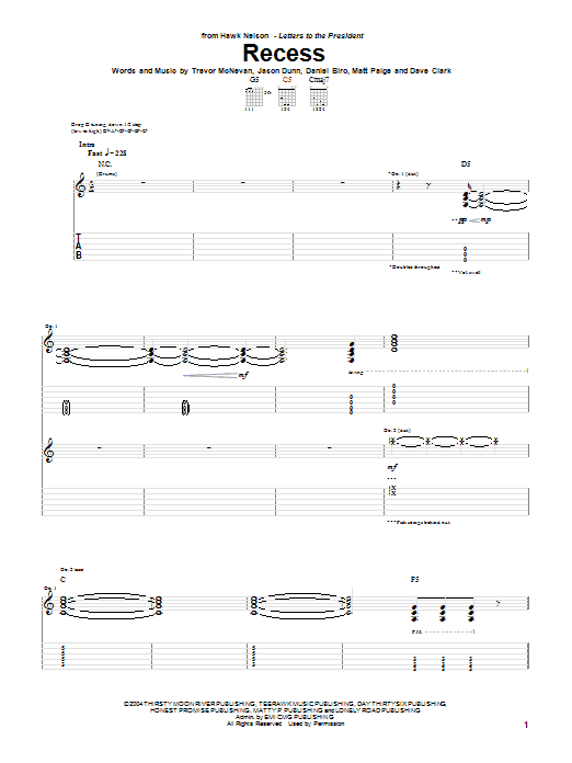 Download Hawk Nelson Recess Sheet Music and learn how to play Guitar Tab PDF digital score in minutes