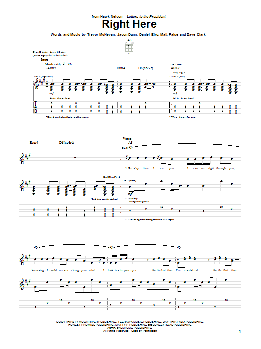 Download Hawk Nelson Right Here Sheet Music and learn how to play Guitar Tab PDF digital score in minutes