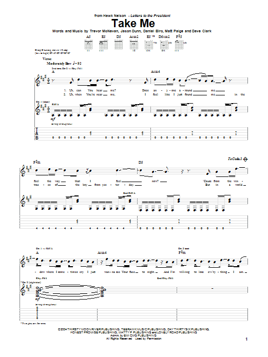 Download Hawk Nelson Take Me Sheet Music and learn how to play Guitar Tab PDF digital score in minutes