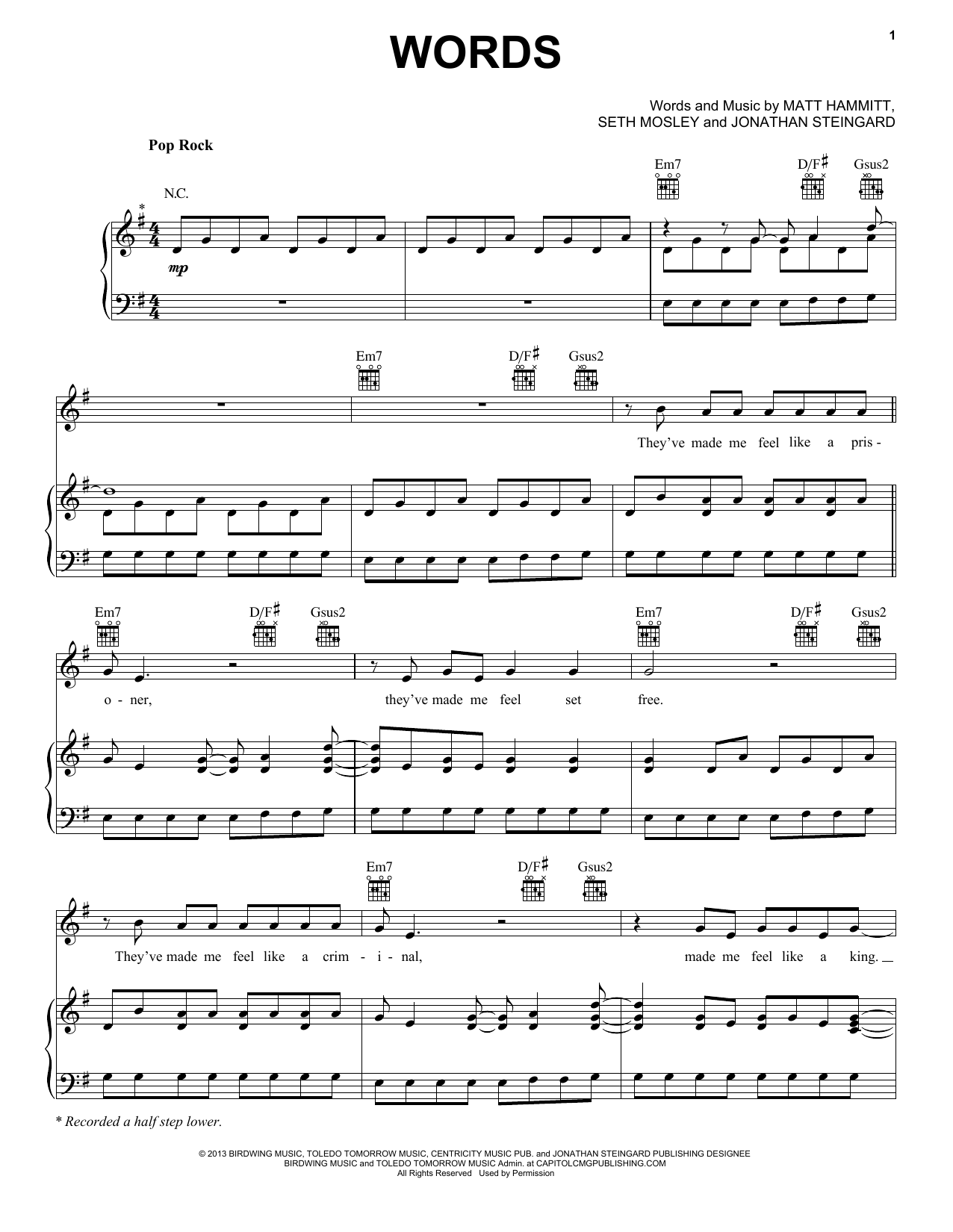 Download Hawk Nelson Words Sheet Music and learn how to play Piano, Vocal & Guitar (Right-Hand Melody) PDF digital score in minutes