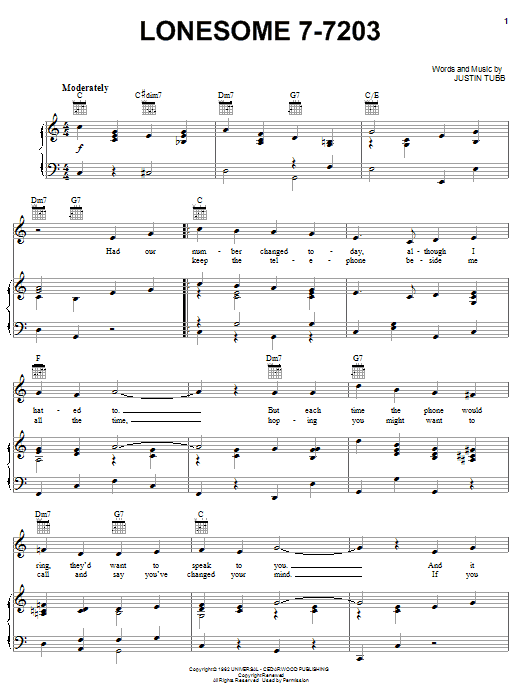 Download Hawkshaw Hawkins Lonesome 7-7203 Sheet Music and learn how to play Piano, Vocal & Guitar (Right-Hand Melody) PDF digital score in minutes