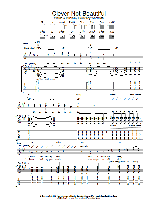 Download Hawksley Workman Clever Not Beautiful Sheet Music and learn how to play Guitar Tab PDF digital score in minutes
