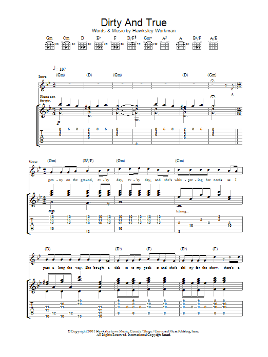 Download Hawksley Workman Dirty And True Sheet Music and learn how to play Guitar Tab PDF digital score in minutes