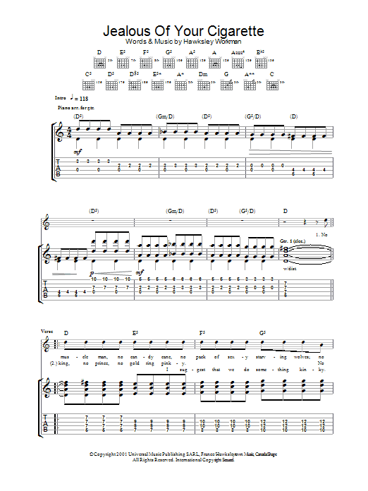 Download Hawksley Workman Jealous Of Your Cigarette Sheet Music and learn how to play Guitar Tab PDF digital score in minutes