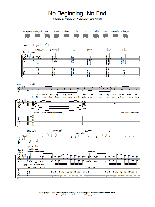 Download Hawksley Workman No Beginning No End Sheet Music and learn how to play Guitar Tab PDF digital score in minutes