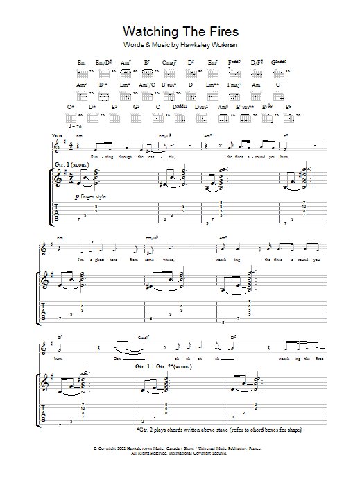 Download Hawksley Workman Watching The Fires Sheet Music and learn how to play Guitar Tab PDF digital score in minutes