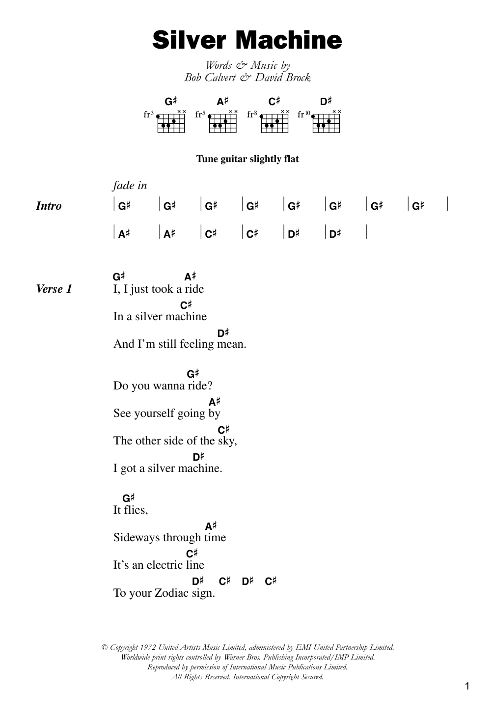 Download Hawkwind Silver Machine Sheet Music and learn how to play Lyrics & Chords PDF digital score in minutes