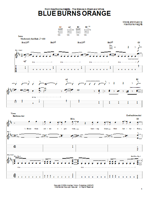 Download Hawthorne Heights Blue Burns Orange Sheet Music and learn how to play Guitar Tab PDF digital score in minutes