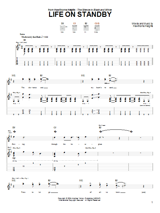Download Hawthorne Heights Life On Standby Sheet Music and learn how to play Guitar Tab PDF digital score in minutes
