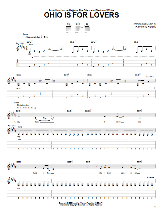 Download Hawthorne Heights Ohio Is For Lovers Sheet Music and learn how to play Guitar Tab PDF digital score in minutes
