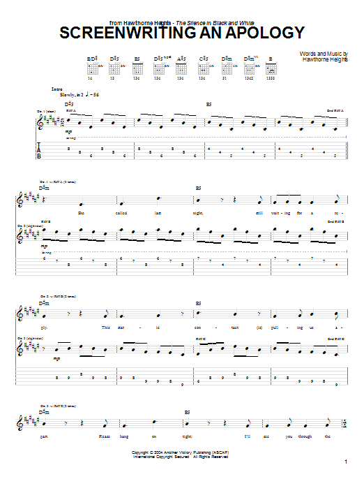 Download Hawthorne Heights Screenwriting An Apology Sheet Music and learn how to play Guitar Tab PDF digital score in minutes