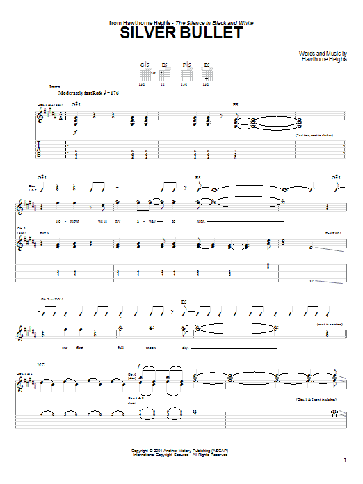 Download Hawthorne Heights Silver Bullet Sheet Music and learn how to play Guitar Tab PDF digital score in minutes