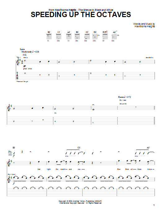 Download Hawthorne Heights Speeding Up The Octaves Sheet Music and learn how to play Guitar Tab PDF digital score in minutes