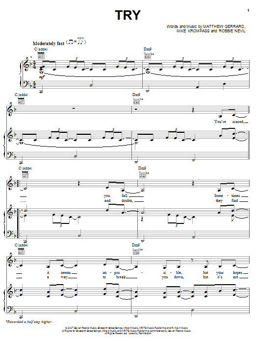 Download Hayden Panettiere Try (from 'Bridge to Terabithia') Sheet Music and learn how to play Piano, Vocal & Guitar (Right-Hand Melody) PDF digital score in minutes