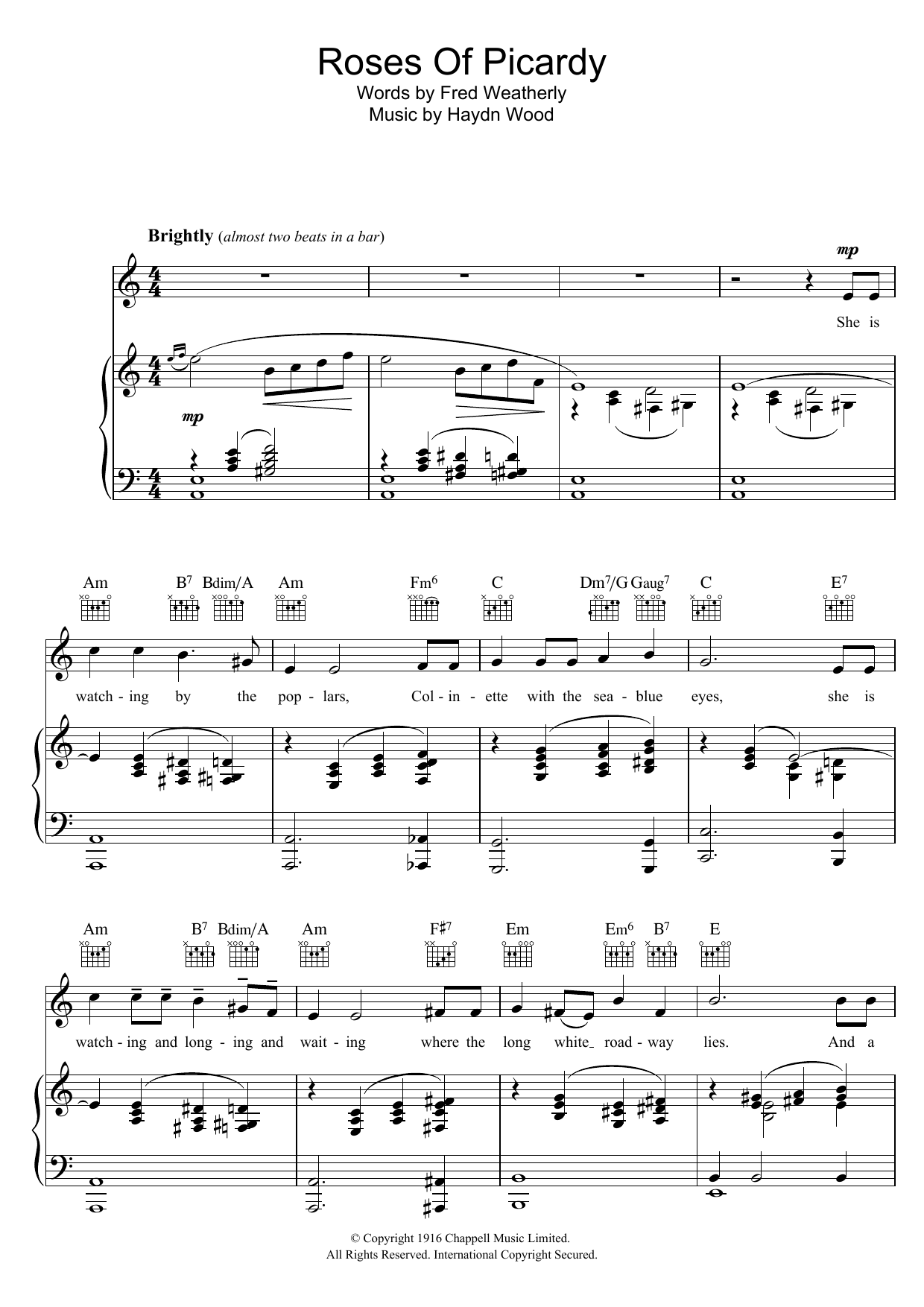 Download Haydn Wood Roses Of Picardy Sheet Music and learn how to play Piano, Vocal & Guitar (Right-Hand Melody) PDF digital score in minutes