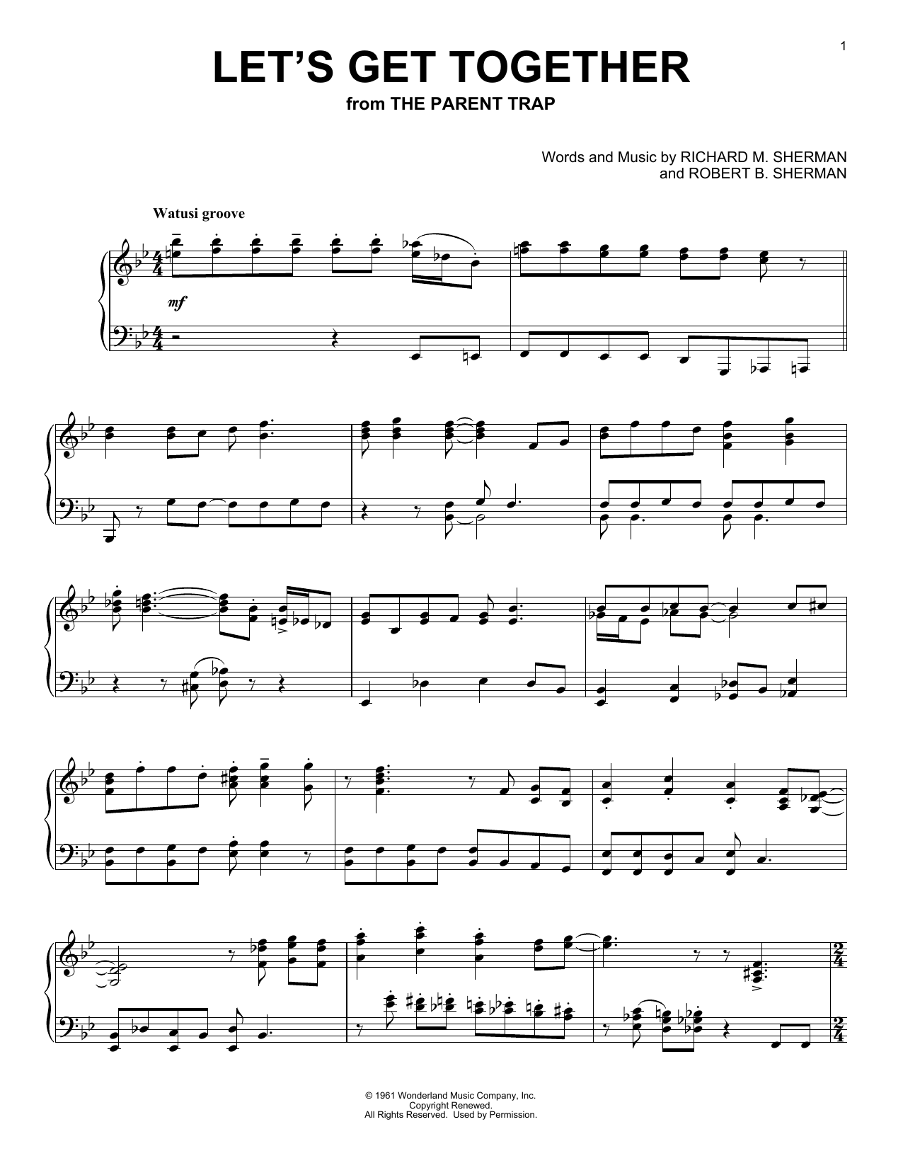 Download Hayley Mills Let's Get Together (from The Parent Trap) Sheet Music and learn how to play Super Easy Piano PDF digital score in minutes