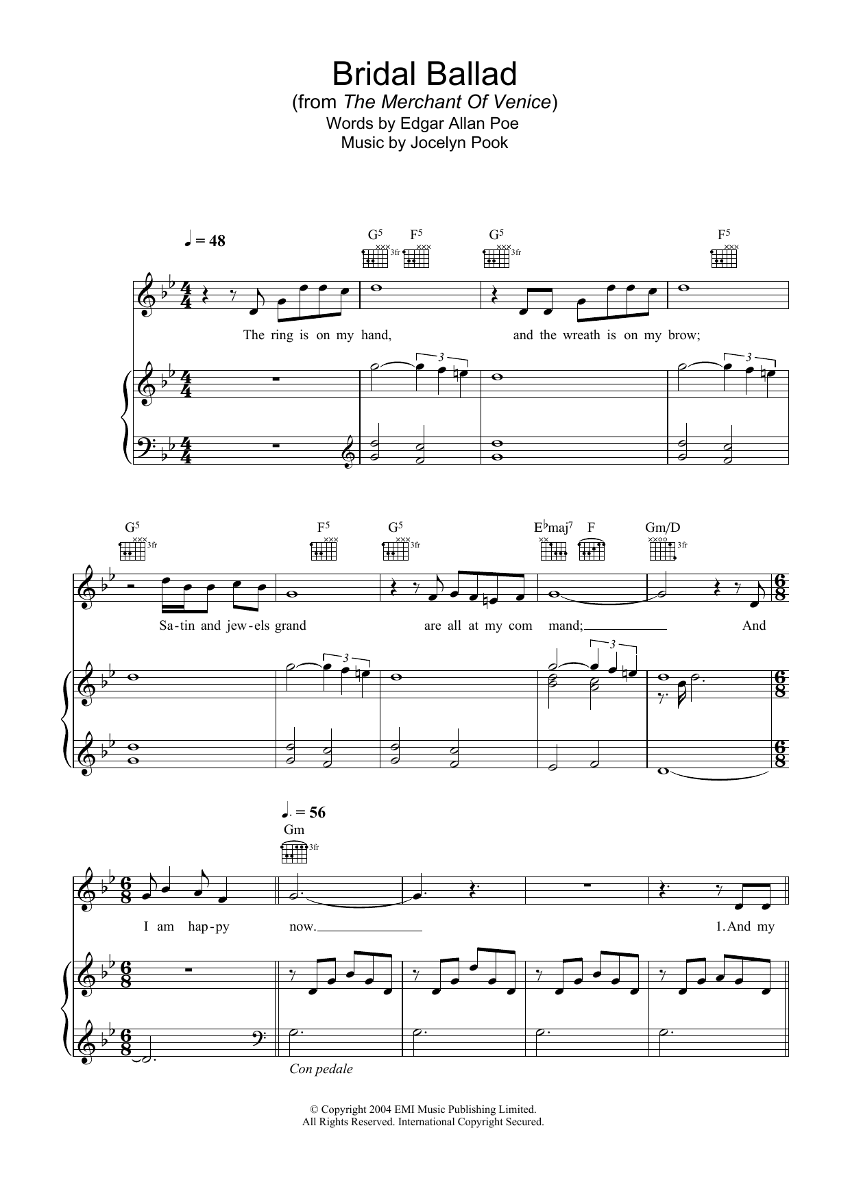 Download Hayley Westenra Bridal Ballad (from The Merchant Of Venice) Sheet Music and learn how to play Piano, Vocal & Guitar PDF digital score in minutes