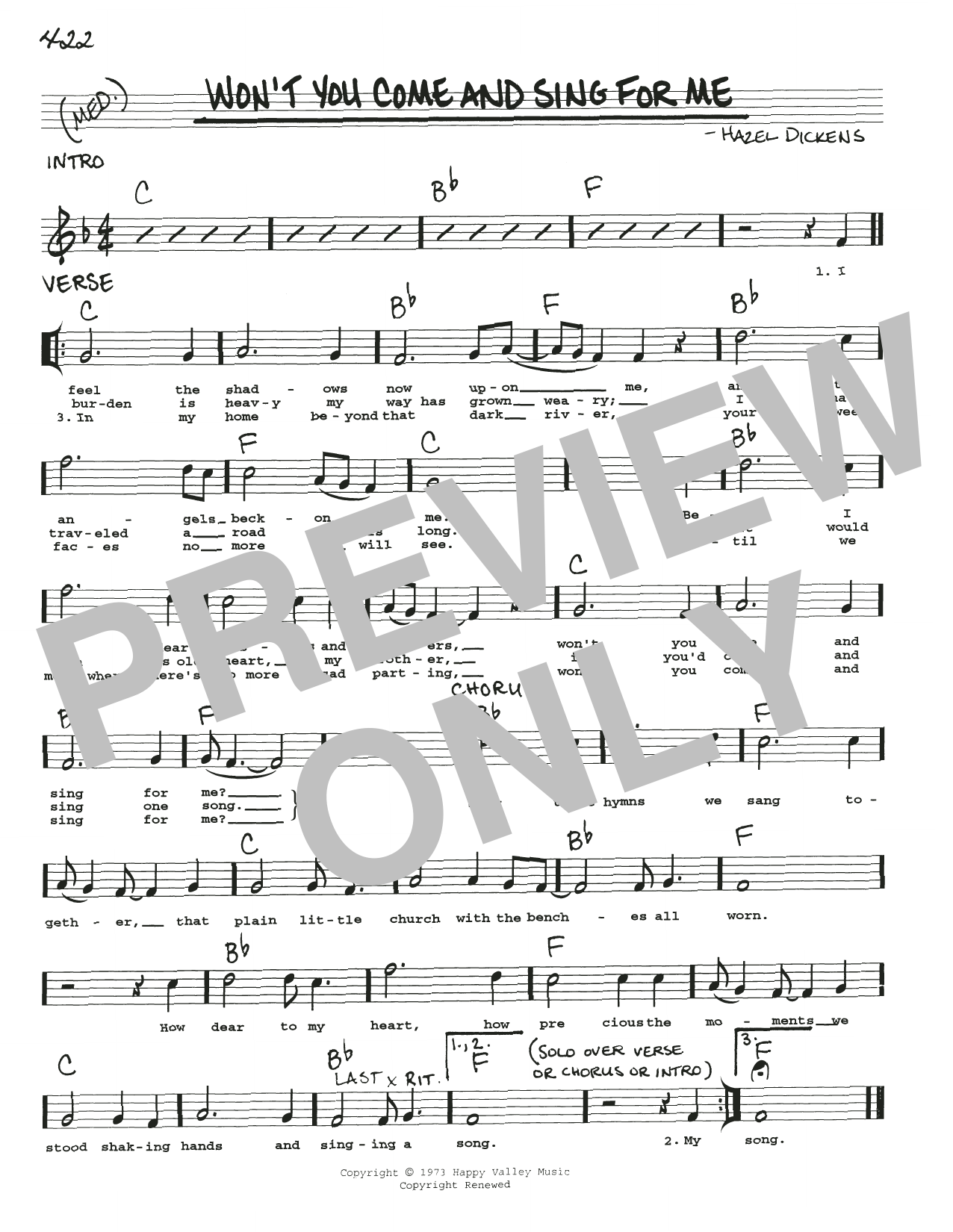 Download Hazel Dickens Won't You Come And Sing For Me Sheet Music and learn how to play Real Book – Melody, Lyrics & Chords PDF digital score in minutes