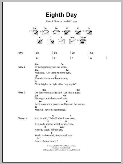 Download Hazel O'Connor Eighth Day Sheet Music and learn how to play Lyrics & Chords PDF digital score in minutes