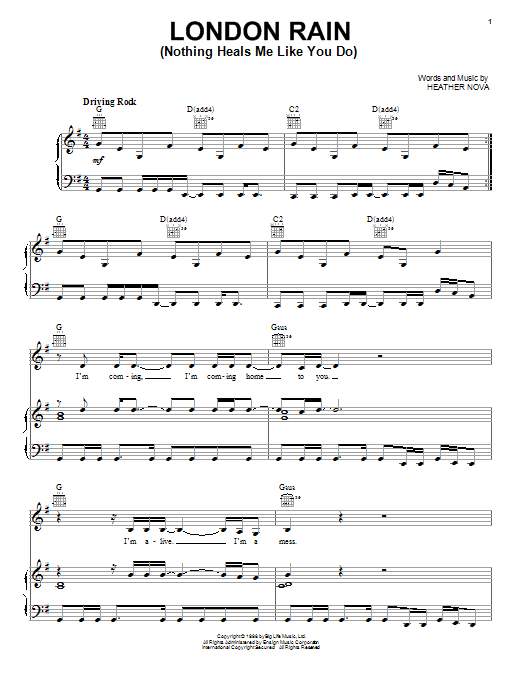 Download Heather Nova London Rain (Nothing Heals Me Like You Do) Sheet Music and learn how to play Piano, Vocal & Guitar (Right-Hand Melody) PDF digital score in minutes