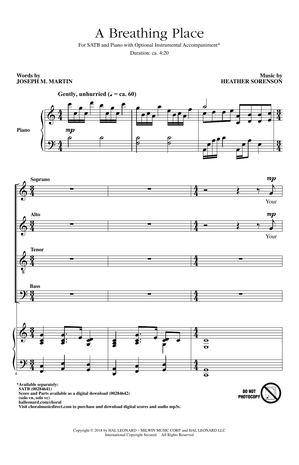 Download Heather Sorenson A Breathing Place Sheet Music and learn how to play SATB Choir PDF digital score in minutes