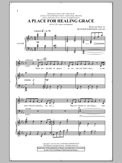 Download Heather Sorenson A Place For Healing Grace Sheet Music and learn how to play SATB PDF digital score in minutes