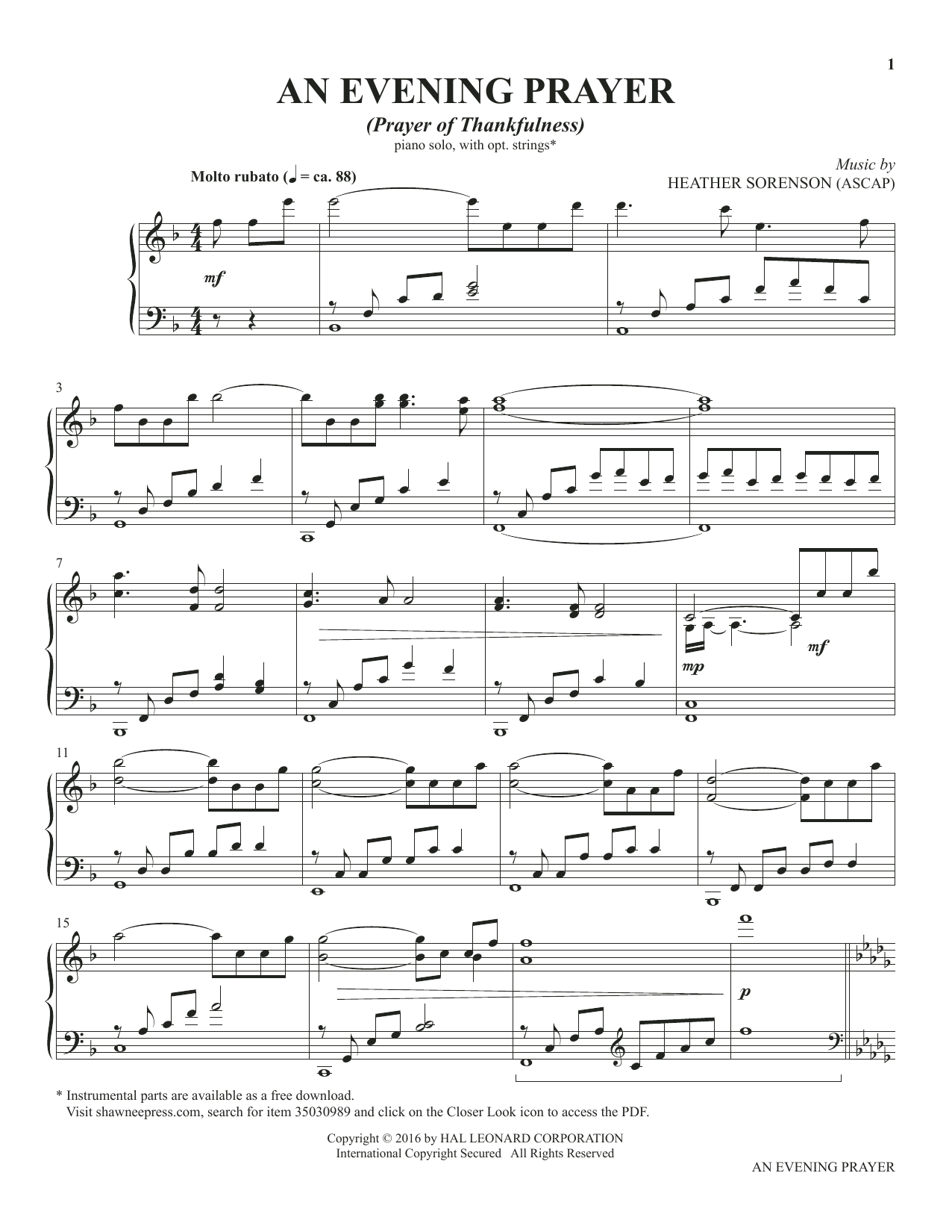 Download Heather Sorenson An Evening Prayer (from The Prayer Project) Sheet Music and learn how to play Piano Solo PDF digital score in minutes