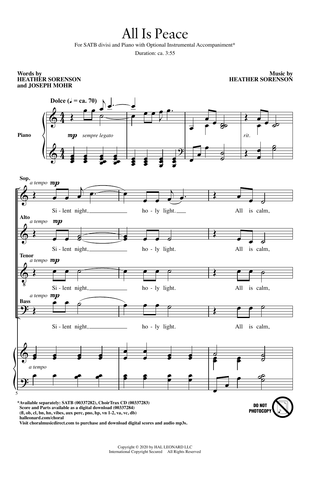 Download Heather Sorenson and Joseph Mohr All Is Peace Sheet Music and learn how to play TTBB Choir PDF digital score in minutes