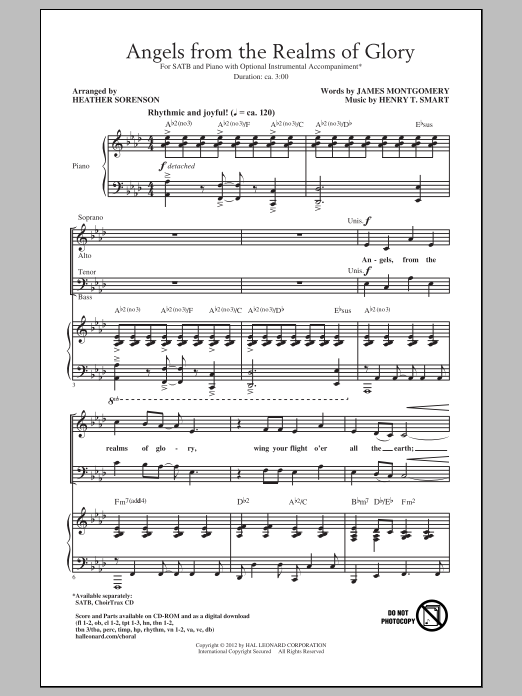 Download Christmas Carol Angels From The Realms Of Glory (arr. Heather Sorenson) Sheet Music and learn how to play SATB PDF digital score in minutes