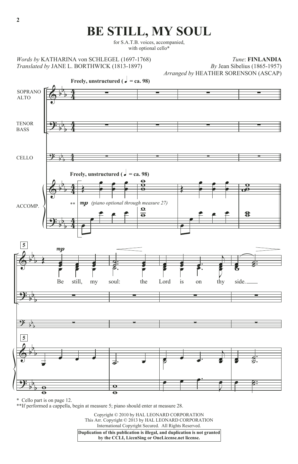 Download Heather Sorenson Be Still My Soul Sheet Music and learn how to play SATB PDF digital score in minutes