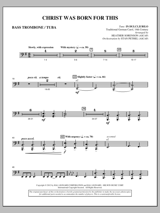 Download Heather Sorenson Christ Was Born For This - Bass Trombone/Tuba Sheet Music and learn how to play Choir Instrumental Pak PDF digital score in minutes