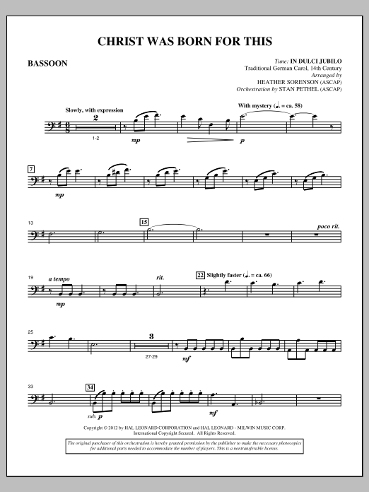 Download Heather Sorenson Christ Was Born For This - Bassoon Sheet Music and learn how to play Choir Instrumental Pak PDF digital score in minutes