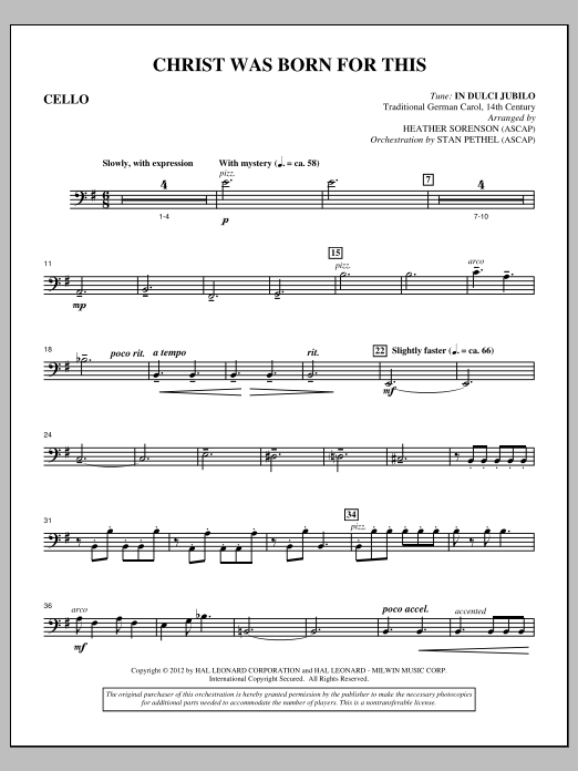 Download Heather Sorenson Christ Was Born For This - Cello Sheet Music and learn how to play Choir Instrumental Pak PDF digital score in minutes