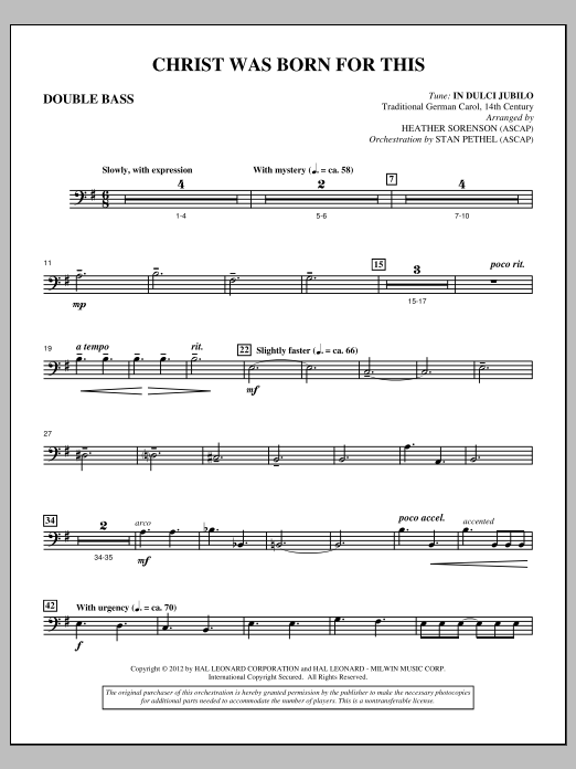 Download Heather Sorenson Christ Was Born For This - Double Bass Sheet Music and learn how to play Choir Instrumental Pak PDF digital score in minutes