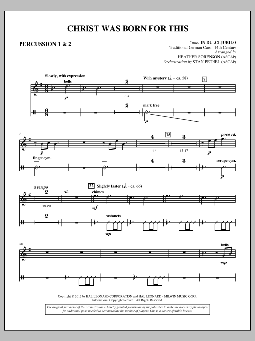 Download Heather Sorenson Christ Was Born For This - Percussion 1 & 2 Sheet Music and learn how to play Choir Instrumental Pak PDF digital score in minutes