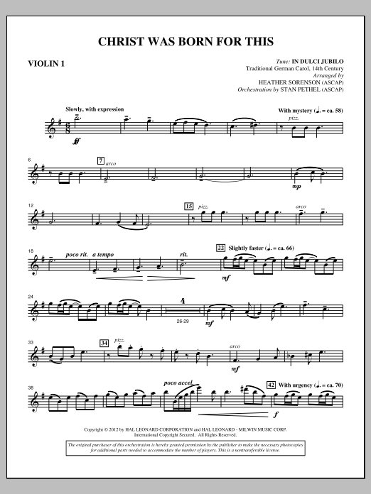 Download Heather Sorenson Christ Was Born For This - Violin 1 Sheet Music and learn how to play Choir Instrumental Pak PDF digital score in minutes